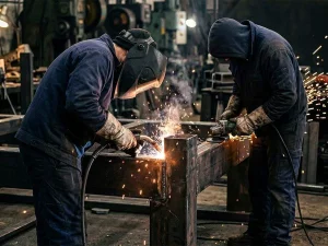 Dos trabajadores del metal soldando en un taller con chispas volando.