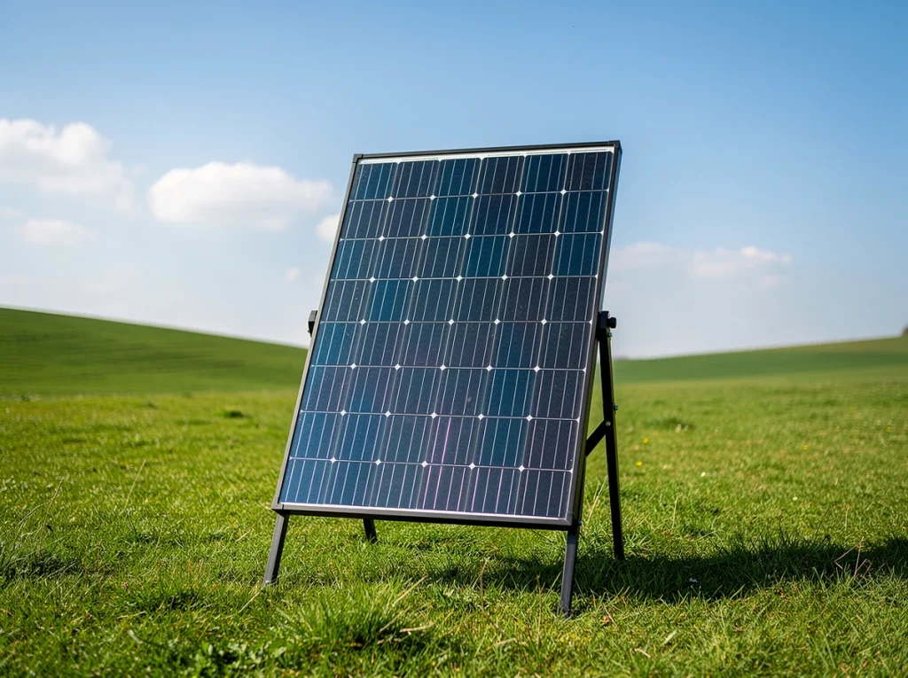 Panel solar en un campo verde bajo un cielo azul