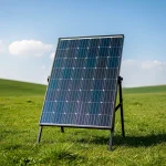 Panel solar en un campo verde bajo un cielo azul