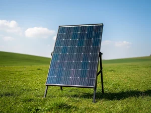 Panel solar en un campo verde bajo un cielo azul