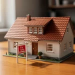 Maqueta de una casa con cartel de 'Se Vende' en una mesa