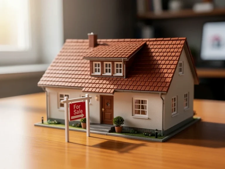 Maqueta de una casa con cartel de 'Se Vende' en una mesa