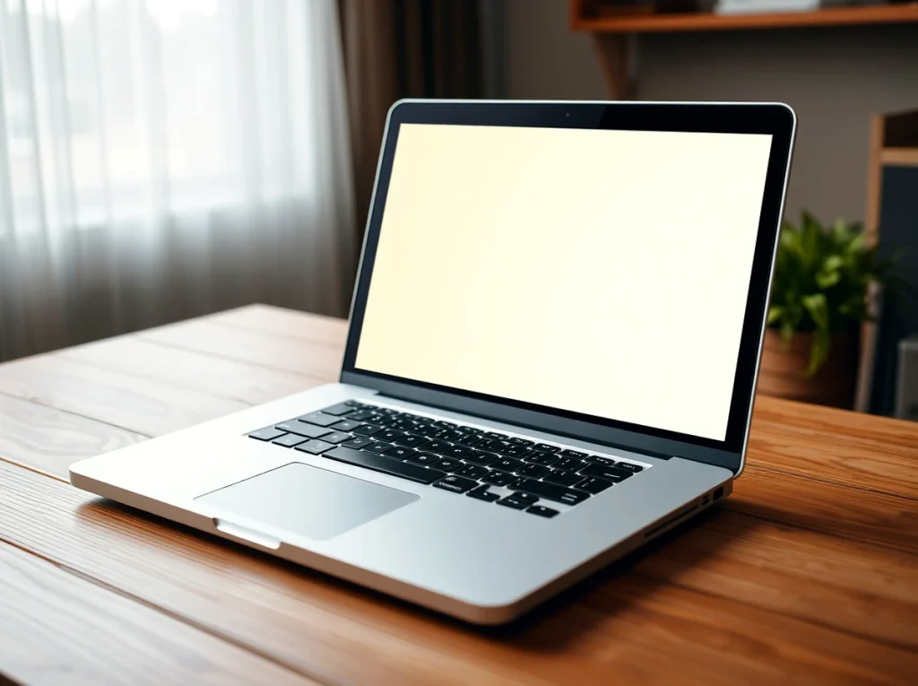 Laptop moderna sobre una mesa de madera en un entorno luminoso
