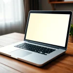 Laptop moderna sobre una mesa de madera en un entorno luminoso