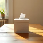 Urna de votación blanca sobre una mesa de madera