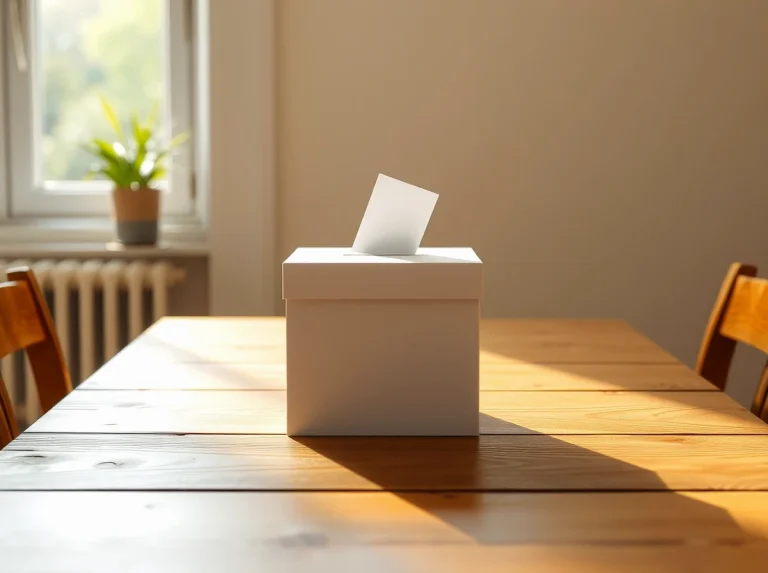 Urna de votación blanca sobre una mesa de madera