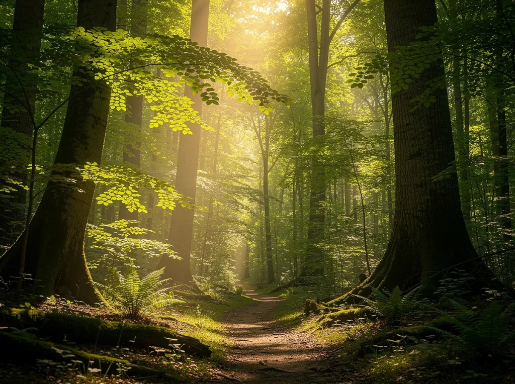 Sendero iluminado en un bosque denso y verde