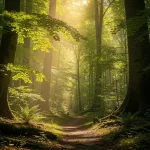 Sendero iluminado en un bosque denso y verde