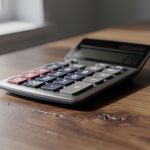 Calculadora sobre una mesa de madera con luz natural