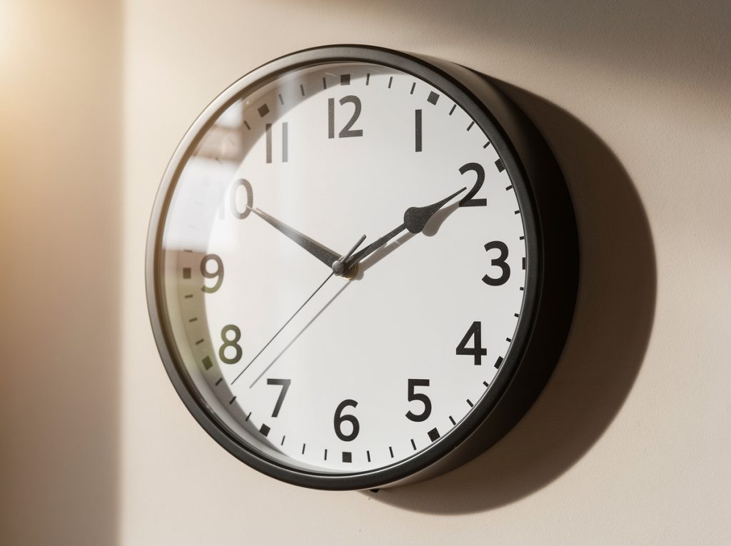 Reloj de pared con manecillas en la hora dos y cinco.
