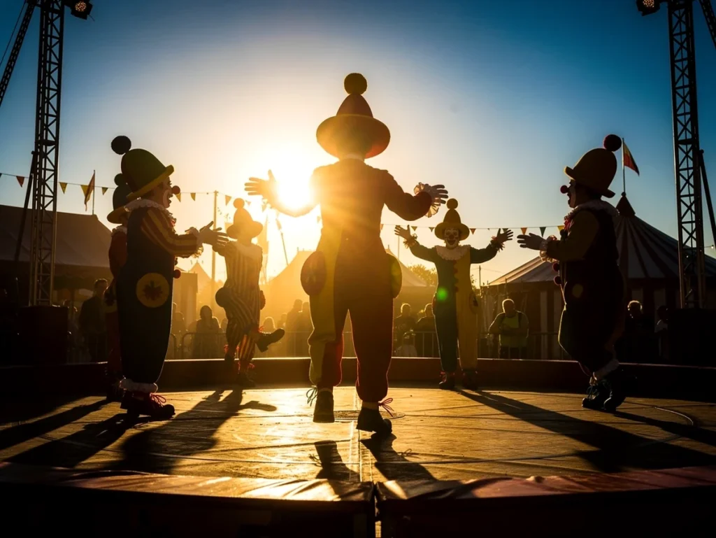 Siluetas de payasos actuando al atardecer en un circo