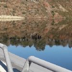 Reflejo de un paisaje en un embalse con vegetación
