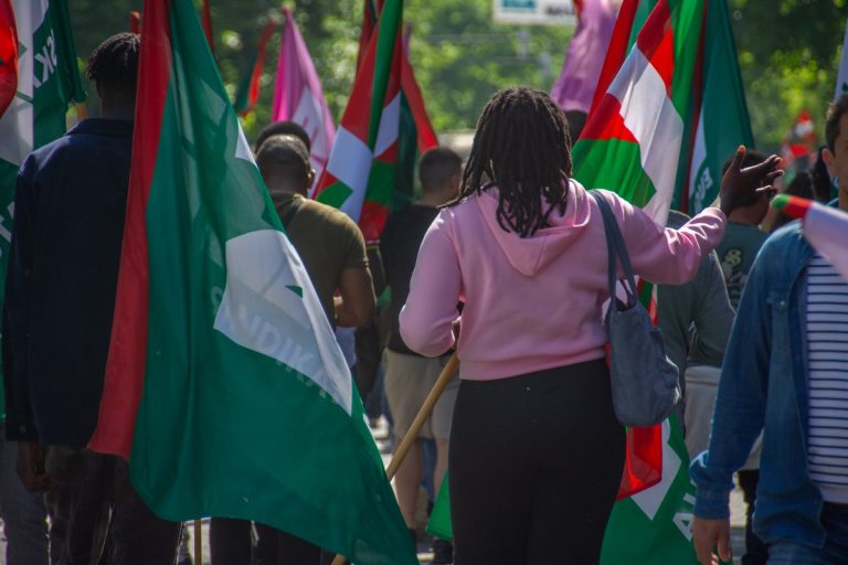 Manifestantes con banderas en una marcha en Hego Euskal Herria