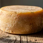 Queso curado sobre una mesa de madera iluminada
