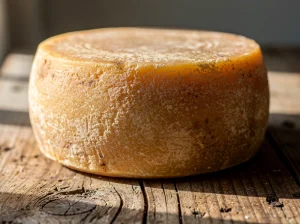 Queso curado sobre una mesa de madera iluminada
