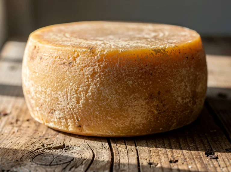 Queso curado sobre una mesa de madera iluminada
