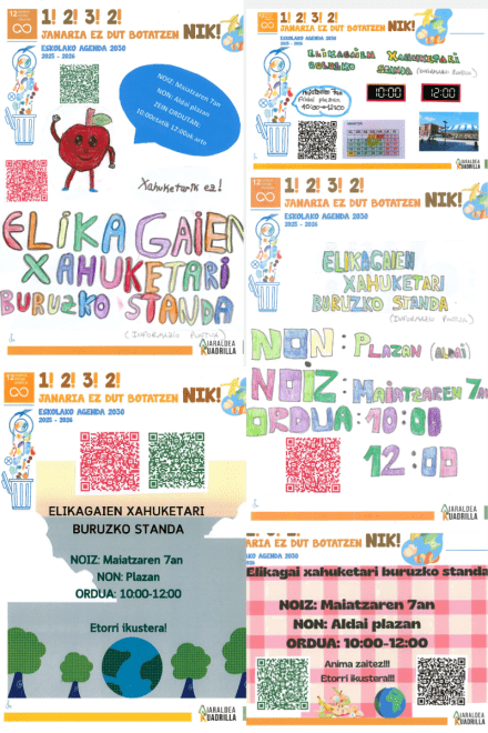 Carteles coloridos sobre campaña escolar contra el despilfarro alimentario en Laudio.
