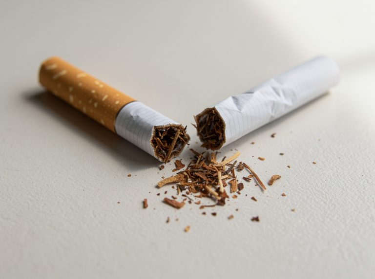 Cigarrillos rotos con tabaco esparcido sobre una mesa.