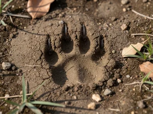 Huella de lobo en el suelo con vegetación alrededor