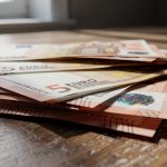 Billetes de cinco euros apilados sobre una mesa de madera.