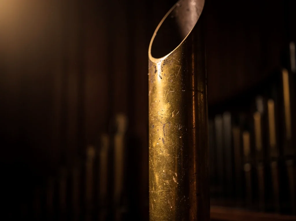 Tubo de órgano en primer plano con fondo desenfocado