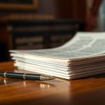 Pila de documentos sobre una mesa con un bolígrafo negro