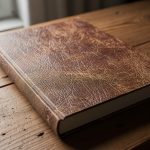 Libro de tapa dura sobre una mesa de madera