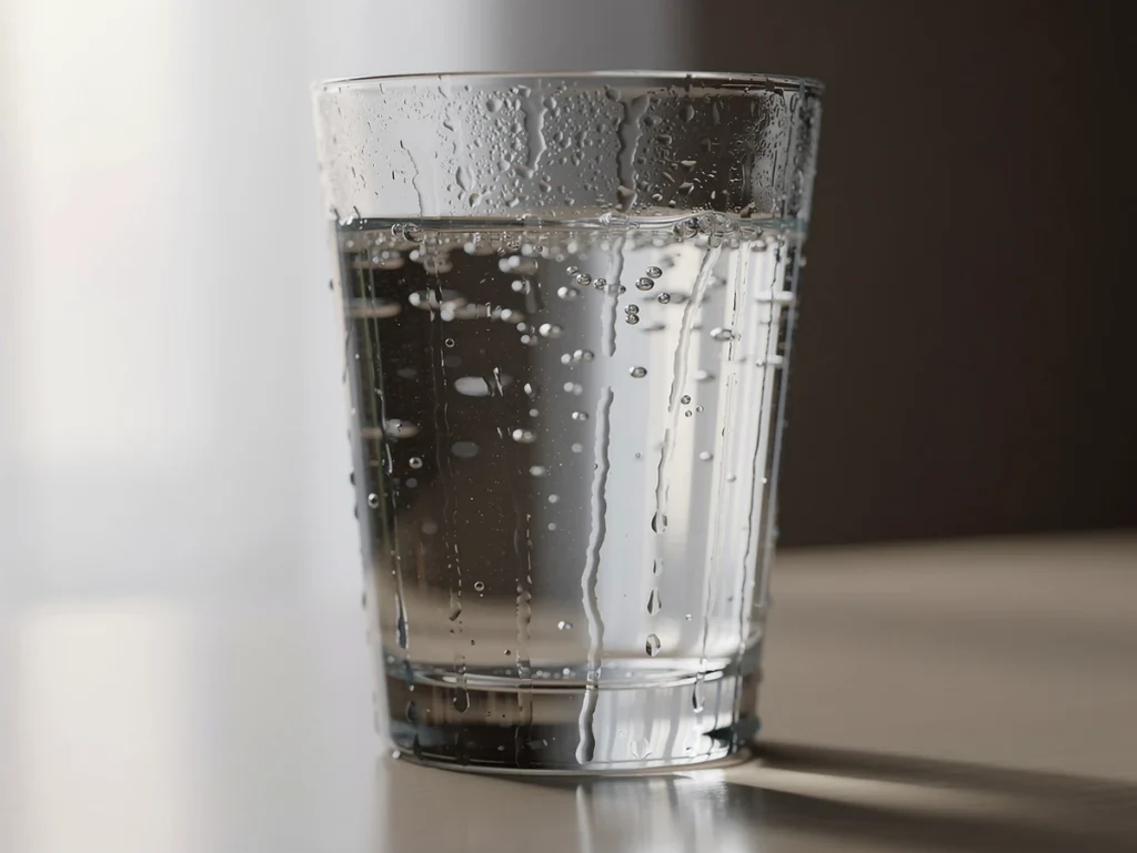 Vaso de agua con burbujas en una mesa iluminada