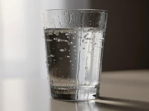 Vaso de agua con burbujas en una mesa iluminada