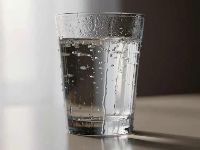 Vaso de agua con burbujas en una mesa iluminada