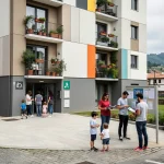 Grupo de personas frente a un edificio de viviendas en Euskadi.