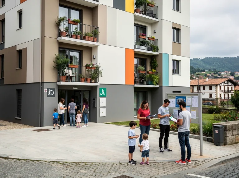 Grupo de personas frente a un edificio de viviendas en Euskadi.