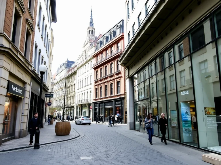 Calle con edificios y personas caminando en Euskadi.