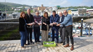Grupo de personas sosteniendo verdel en un puerto pesquero de Euskadi.