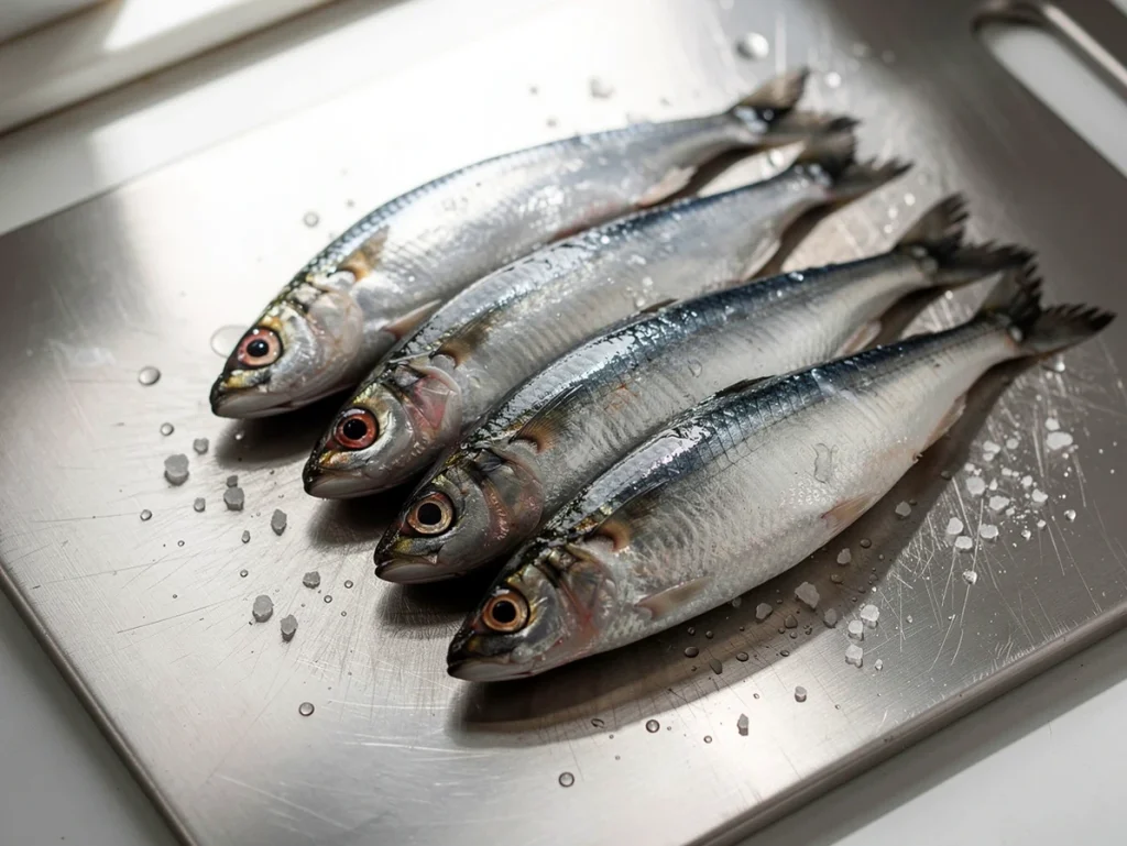 Cuatro pescados frescos sobre una tabla de cocina