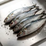 Cuatro pescados frescos sobre una tabla de cocina