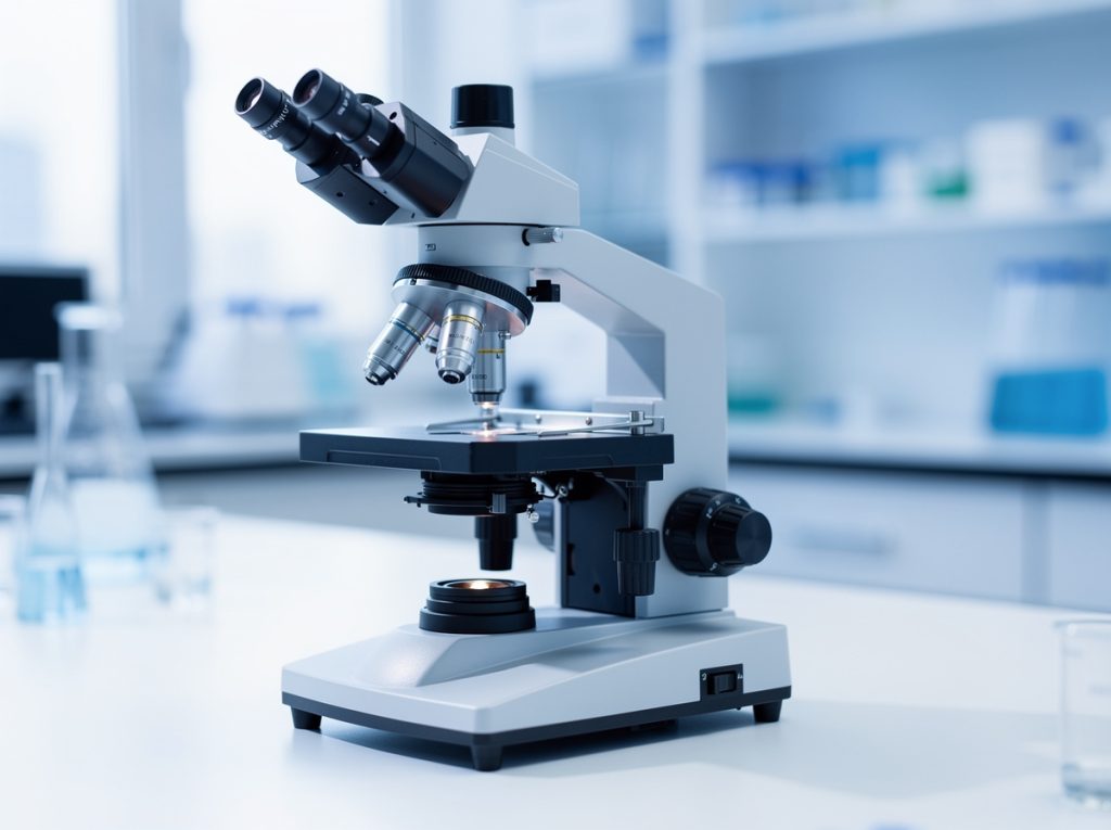 Microscopio en un laboratorio con frascos y tubos de ensayo