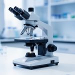 Microscopio en un laboratorio con frascos y tubos de ensayo