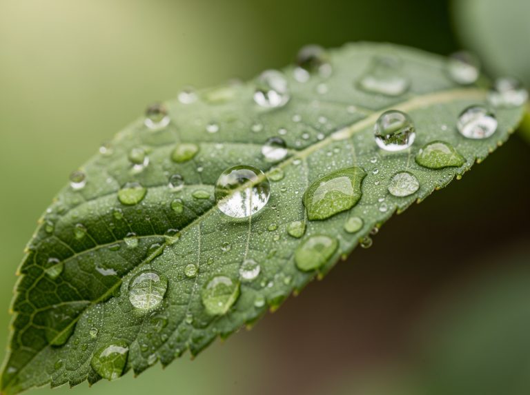 Hoja verde con gotas de agua sobre su superficie
