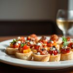 Plato de pintxos variados con ingredientes frescos y vino blanco