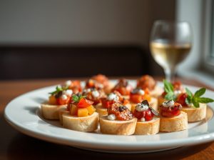 Plato de pintxos variados con ingredientes frescos y vino blanco