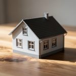 Maqueta de una casa sobre una mesa de madera
