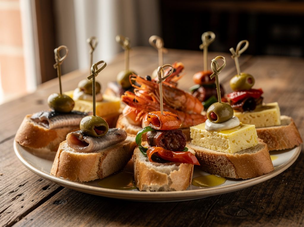 Plato de pintxos variados con mariscos y verduras