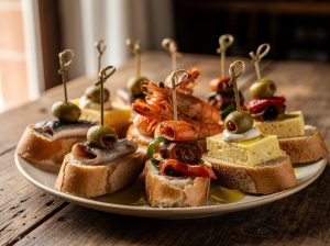 Plato de pintxos variados con mariscos y verduras