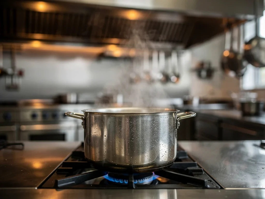 Olla humeante en una cocina profesional con utensilios.