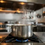 Olla humeante en una cocina profesional con utensilios.