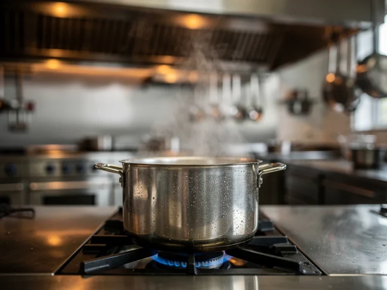 Olla humeante en una cocina profesional con utensilios.