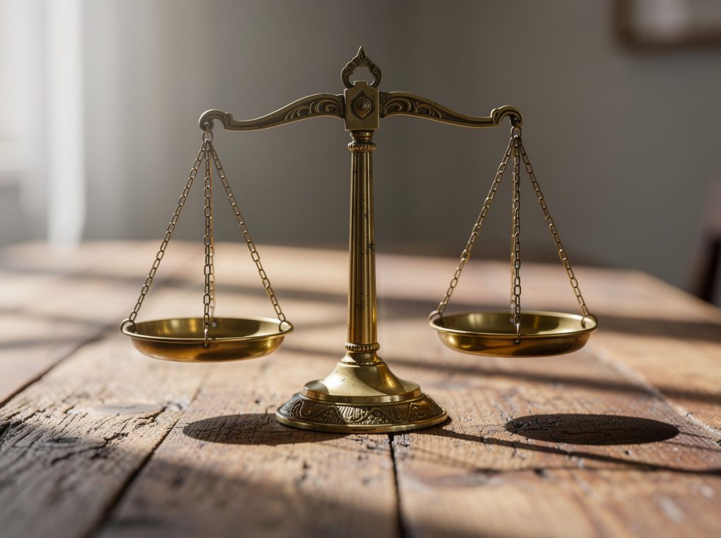 Balanza de justicia sobre una mesa de madera iluminada