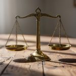 Balanza de justicia sobre una mesa de madera iluminada