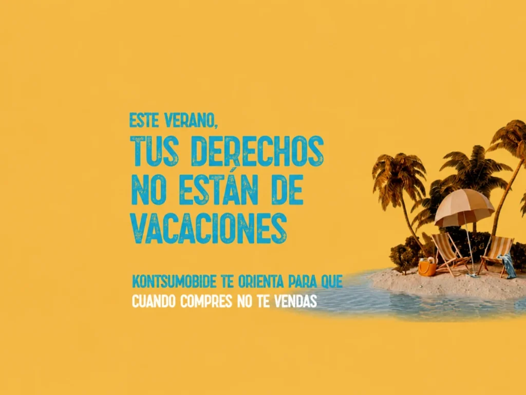 Texto sobre derechos de consumo en verano con palmeras y sombrillas